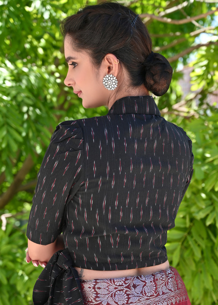 Classy Black Ikat Overlap Collared Blouse with Side Tie-Up