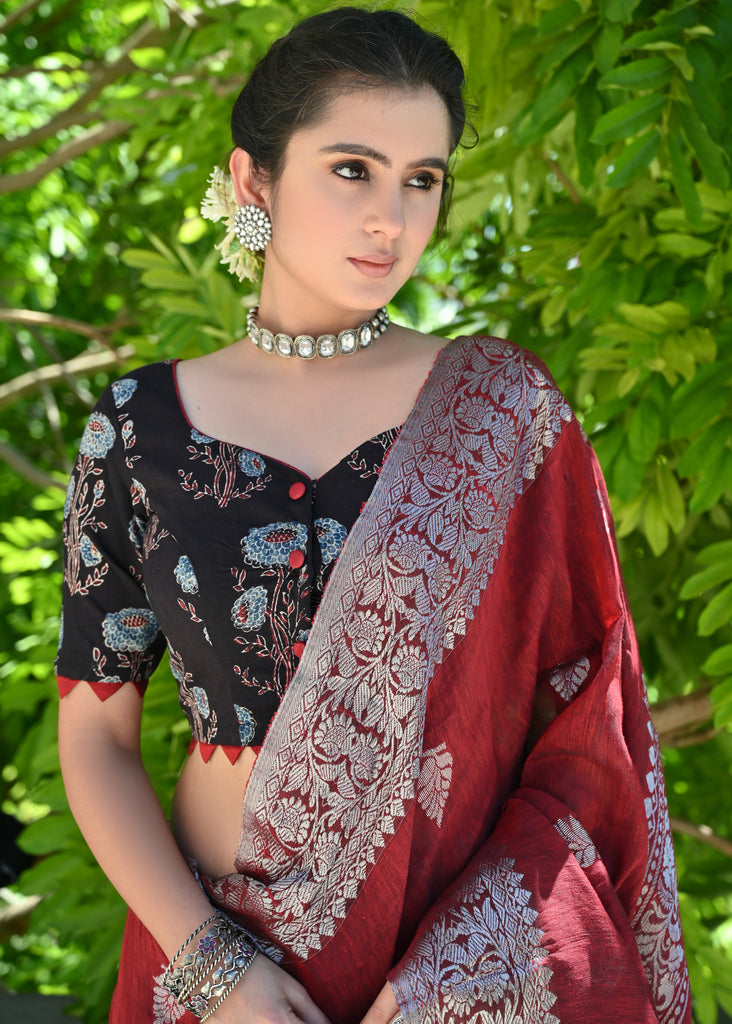 Elegant Black Ajrakh Blouse with Maroon Detailing