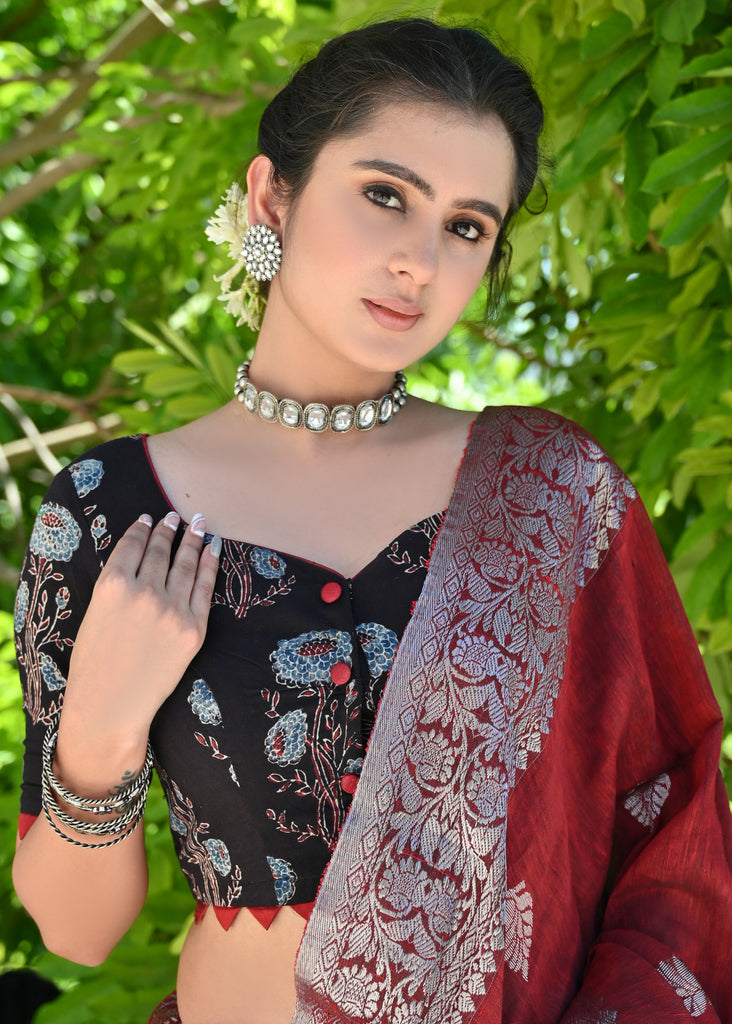 Elegant Black Ajrakh Blouse with Maroon Detailing