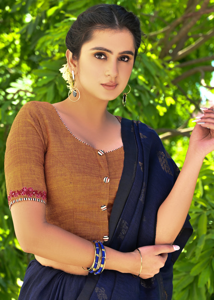 Exclusive Rust Orange Cotton Blouse with Beautiful Red Embroidery and Wooden Buttons at the Back