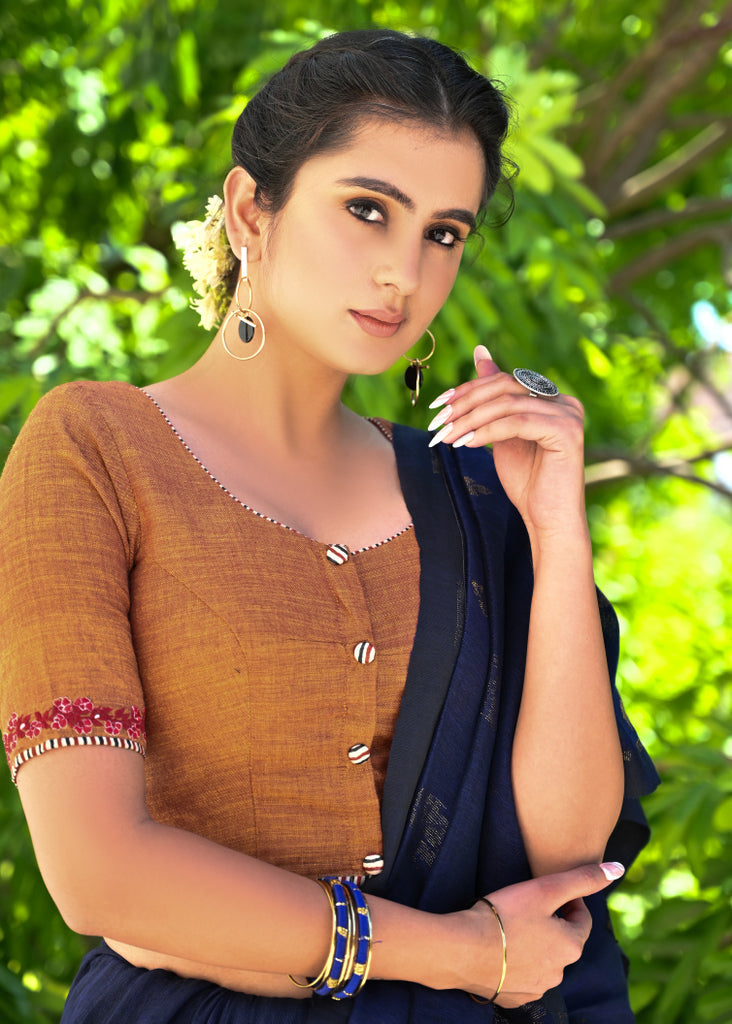 Exclusive Rust Orange Cotton Blouse with Beautiful Red Embroidery and Wooden Buttons at the Back