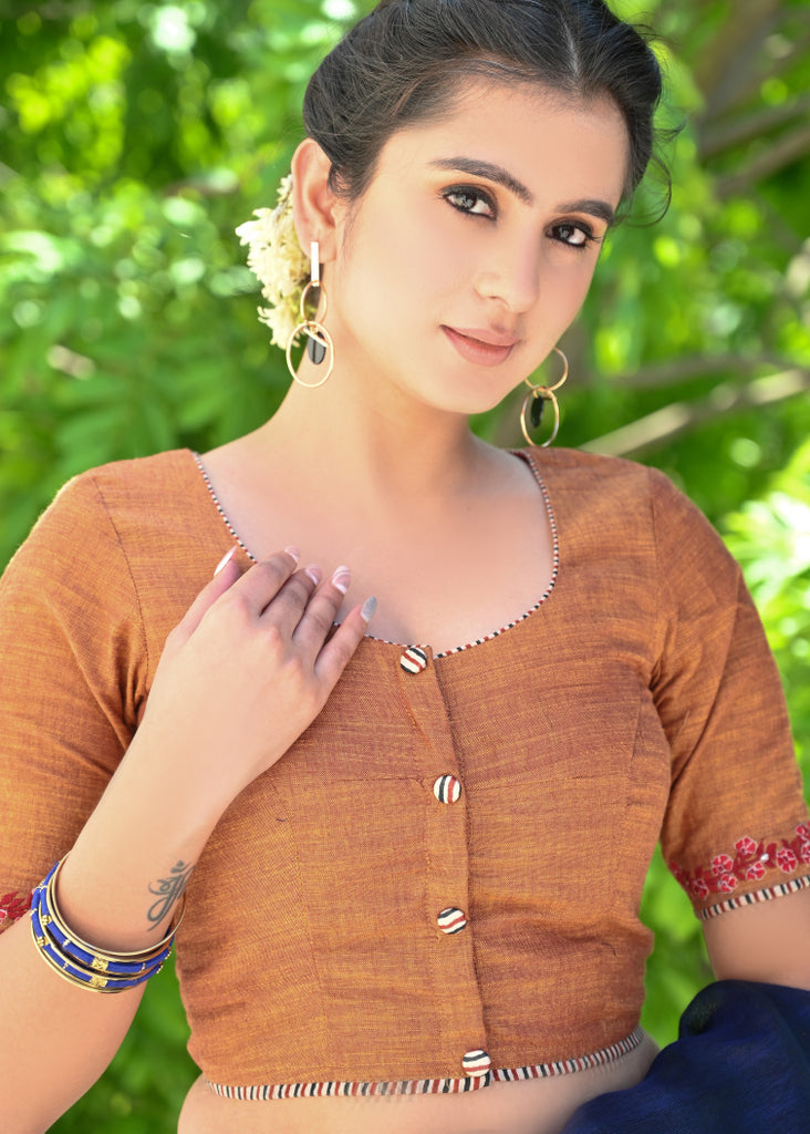 Exclusive Rust Orange Cotton Blouse with Beautiful Red Embroidery and Wooden Buttons at the Back