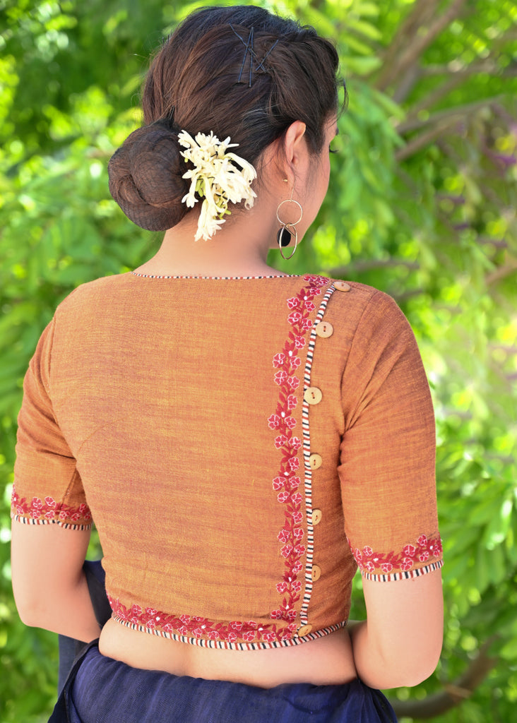 Exclusive Rust Orange Cotton Blouse with Beautiful Red Embroidery and Wooden Buttons at the Back