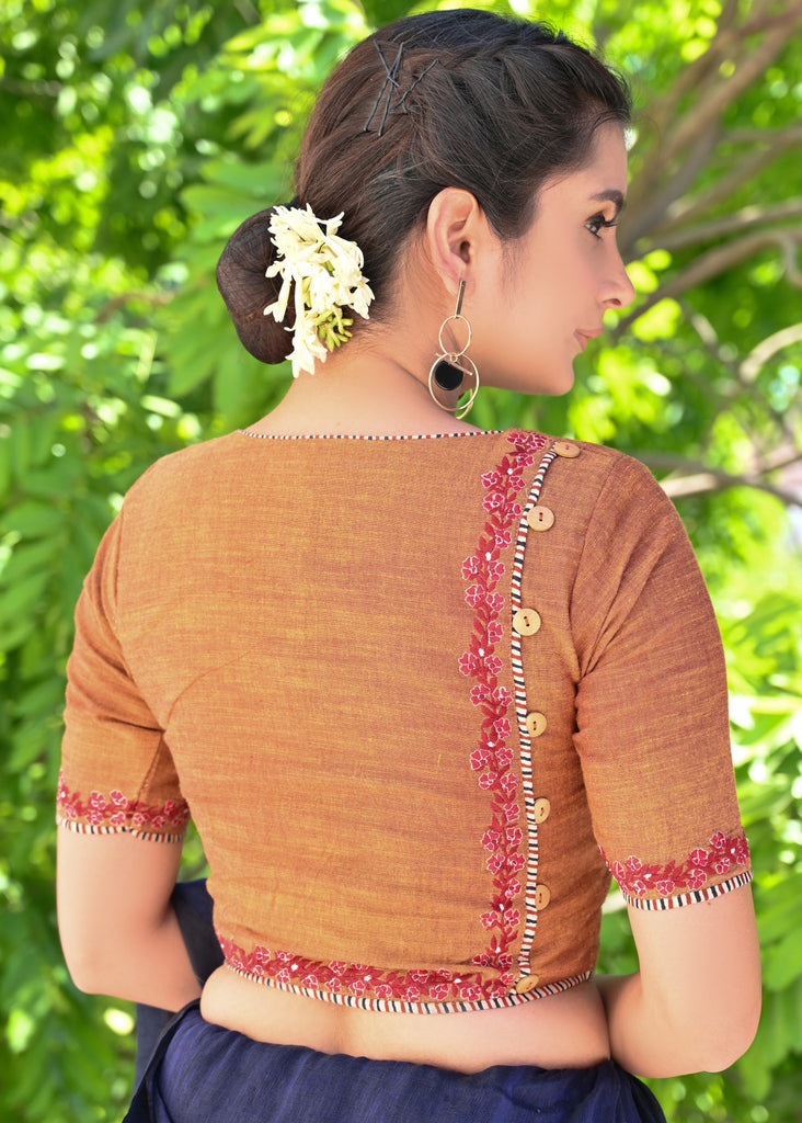 Exclusive Rust Orange Cotton Blouse with Beautiful Red Embroidery and Wooden Buttons at the Back