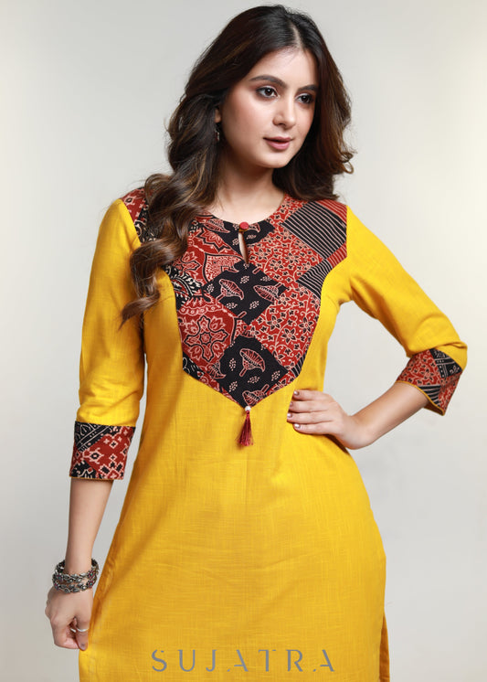 Mustard Cotton Ajrakh Patch Work Kurta-Pant Optional