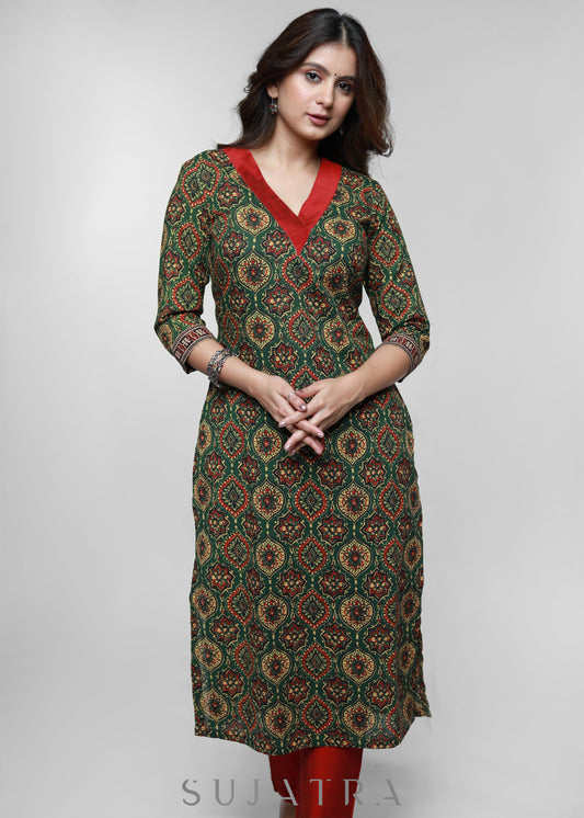 Green Cotton Ajrakh Printed Kurta-Pant Optional