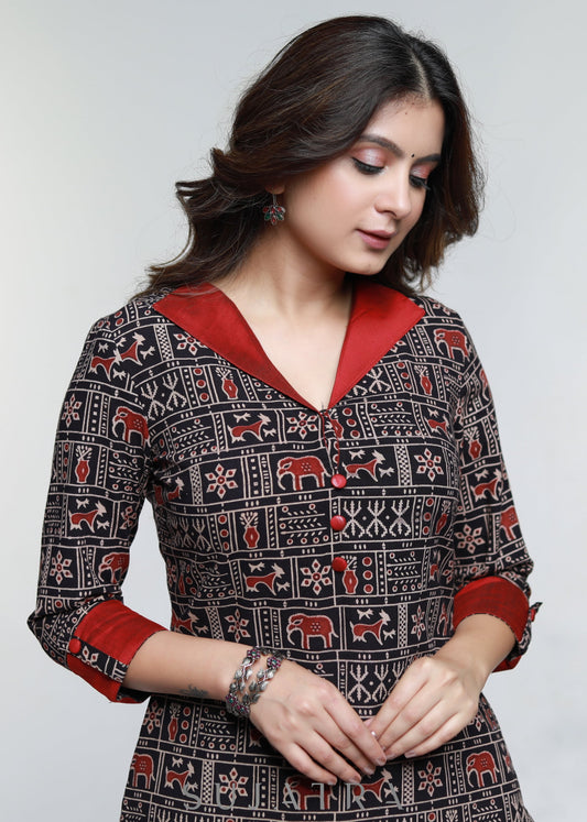 Ajrakh Cotton Kurta With Stylish Collar-Pant Optional