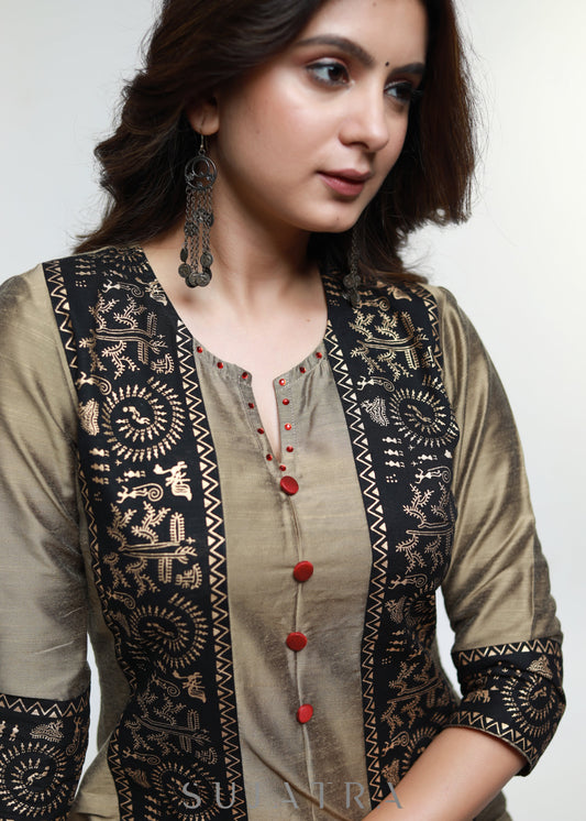 Dark Beige Cotton Silk Kurta with Warli print-Pant Optional