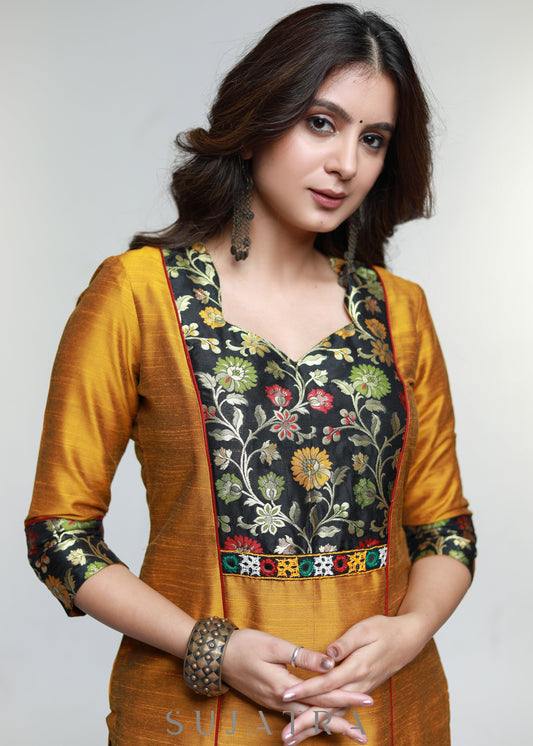 Mustard Cotton Silk Kurta with Brocade Yoke-Pant Optional