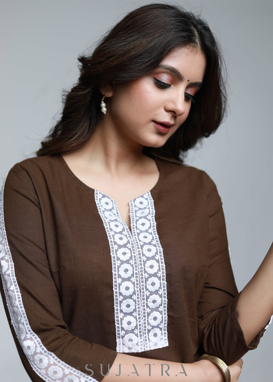 Coffee Brown Cotton Kurta with Laces-Pant Optional