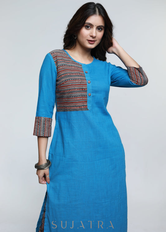 Powder Blue Ajrakh Cotton Kurta-Pant Optional