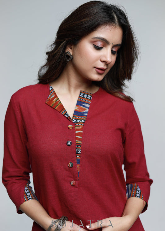 Wine Cotton Ikat Straight Kurta-Pant Optional