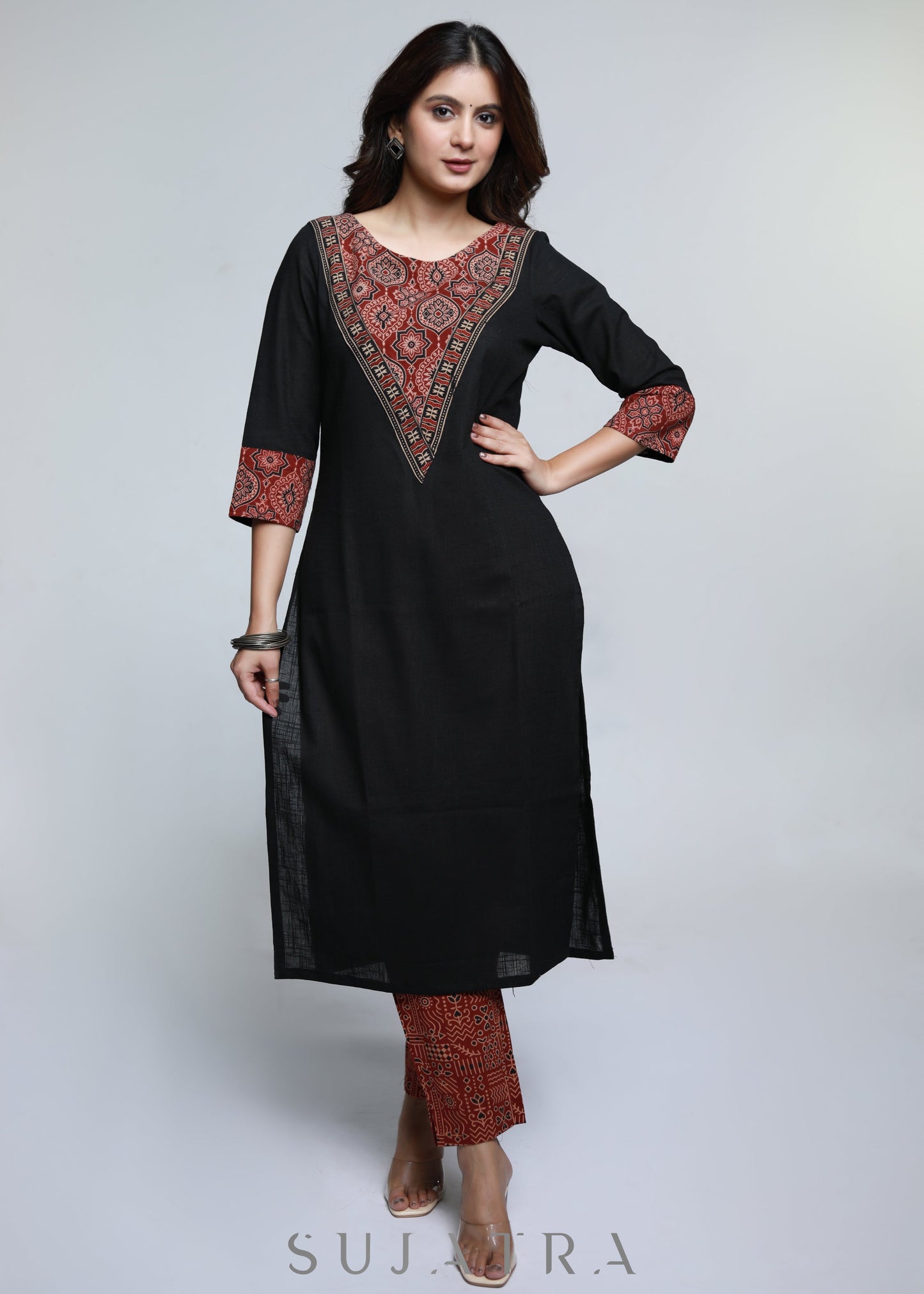 Black Cotton Ajrakh Kurta-Pant Optional