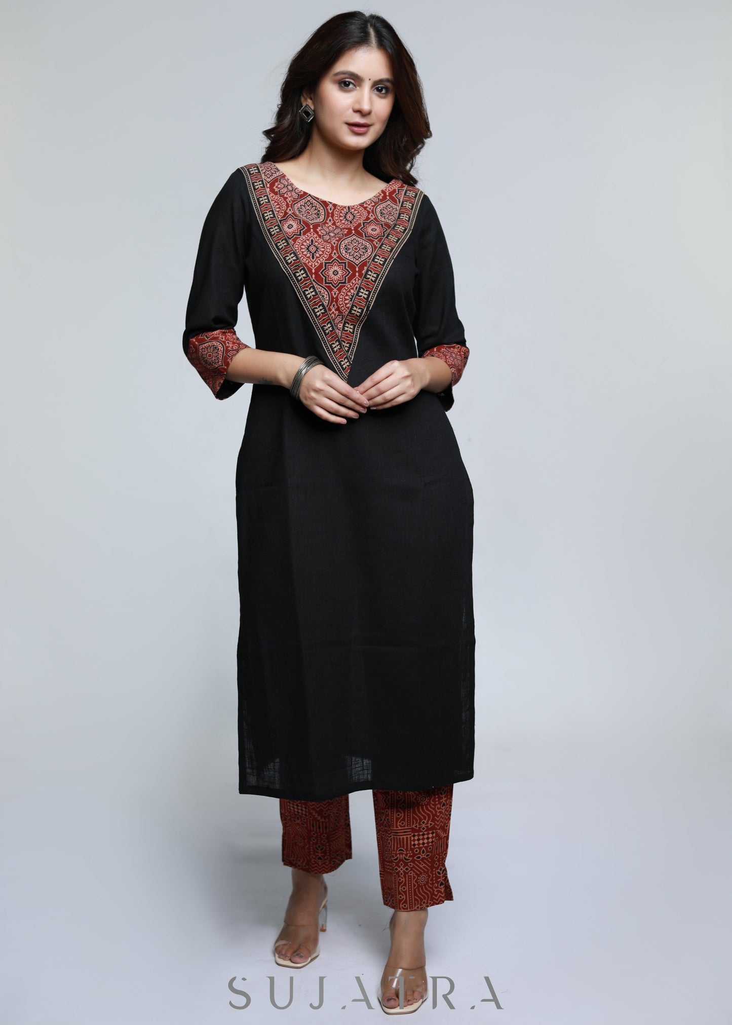 Black Cotton Ajrakh Kurta-Pant Optional