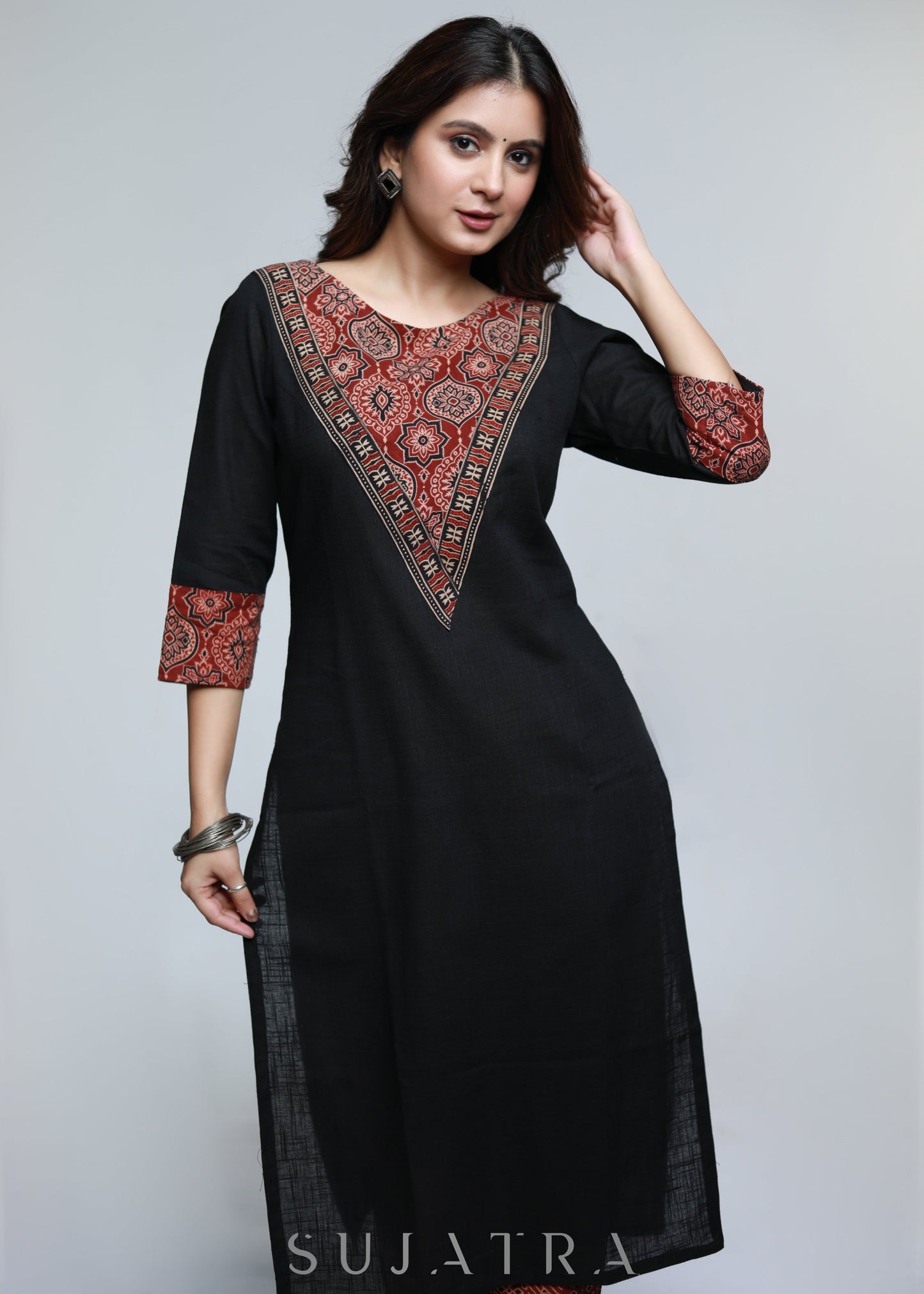 Black Cotton Ajrakh Kurta-Pant Optional