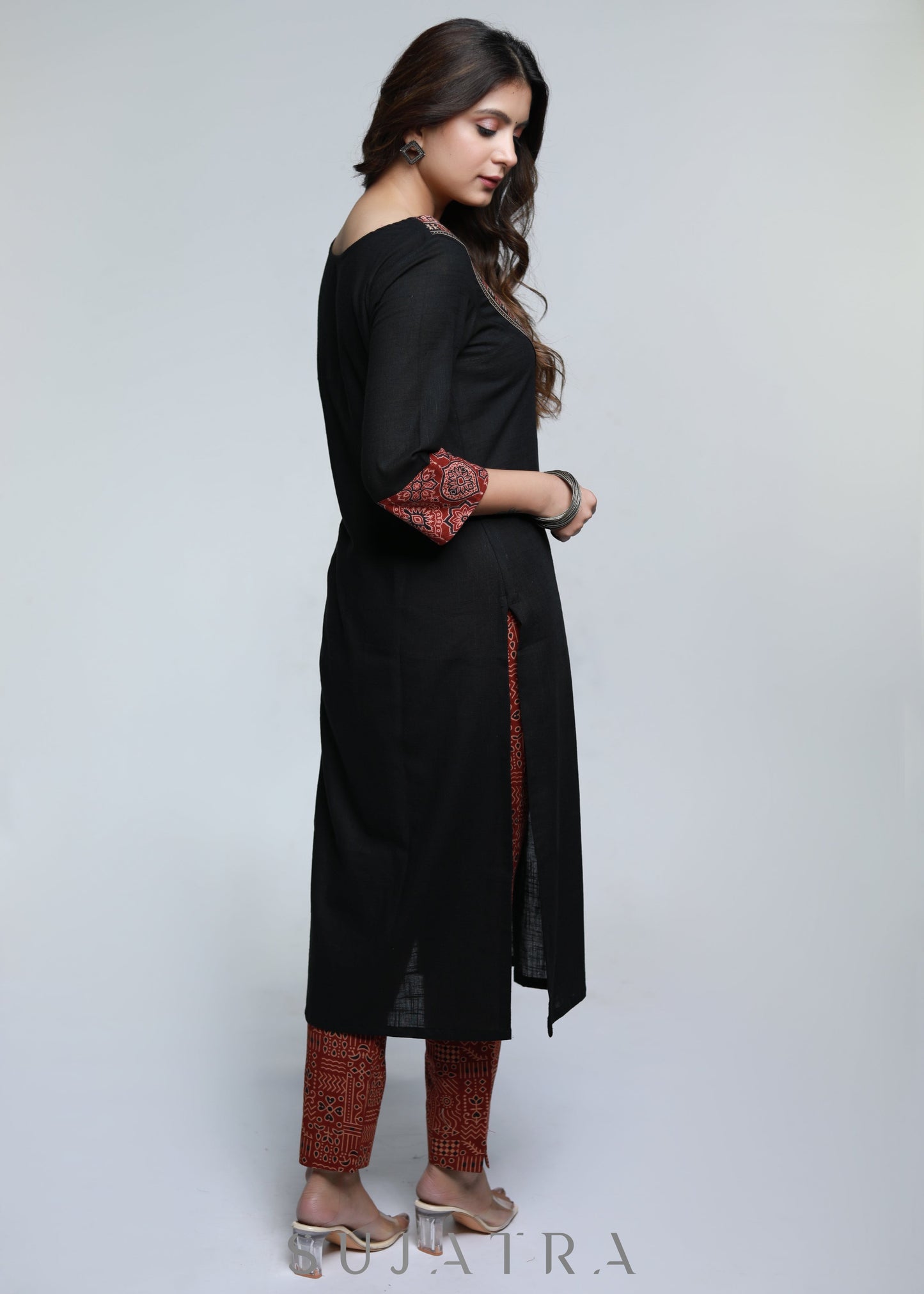 Black Cotton Ajrakh Kurta-Pant Optional