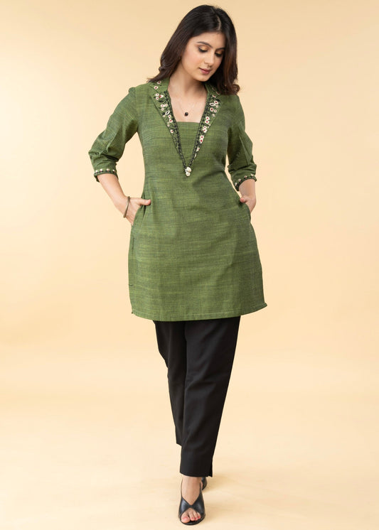 Graceful Pure Cotton Green Embroidered Collared Tunic - Pant Optional