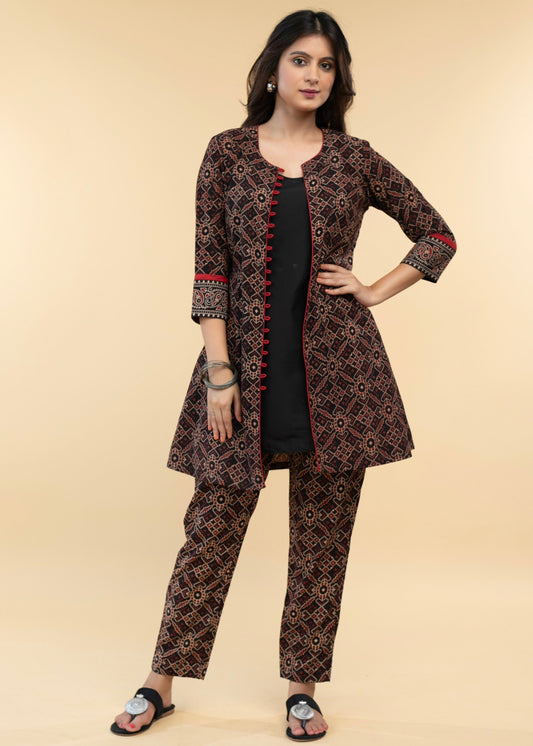 Smart Black Ajrakh Jacket with Cotton Silk Inner (2 Piece) - Ajrakh Pant Optional