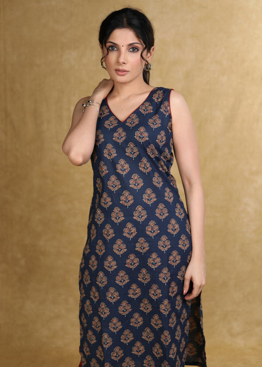 Elegant Blue Printed Ajrakh Sleeveless Kurta