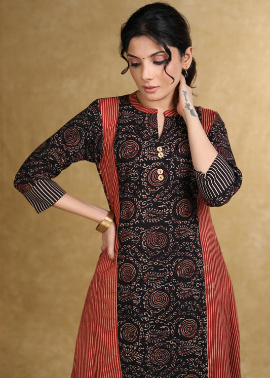 A-Line Black Maroon Ajrakh Combination Kurta