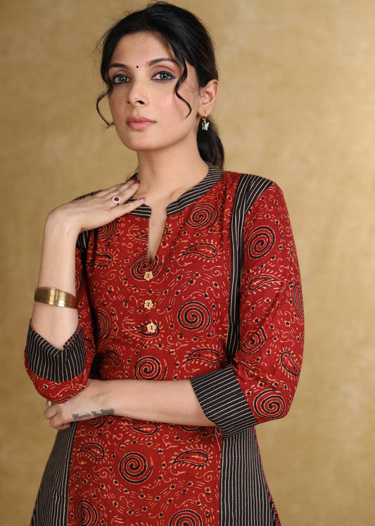 A-Line Maroon Black Ajrakh Combination Kurta