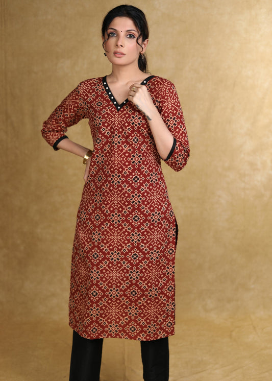 Easy To Wear Maroon Cotton Ajrakh Straight Cut Kurta with Pearl Embellishment