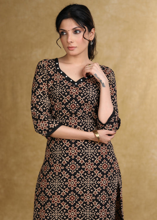 Easy To Wear Black Cotton Ajrakh Straight Cut Kurta with Pearl Embellishment