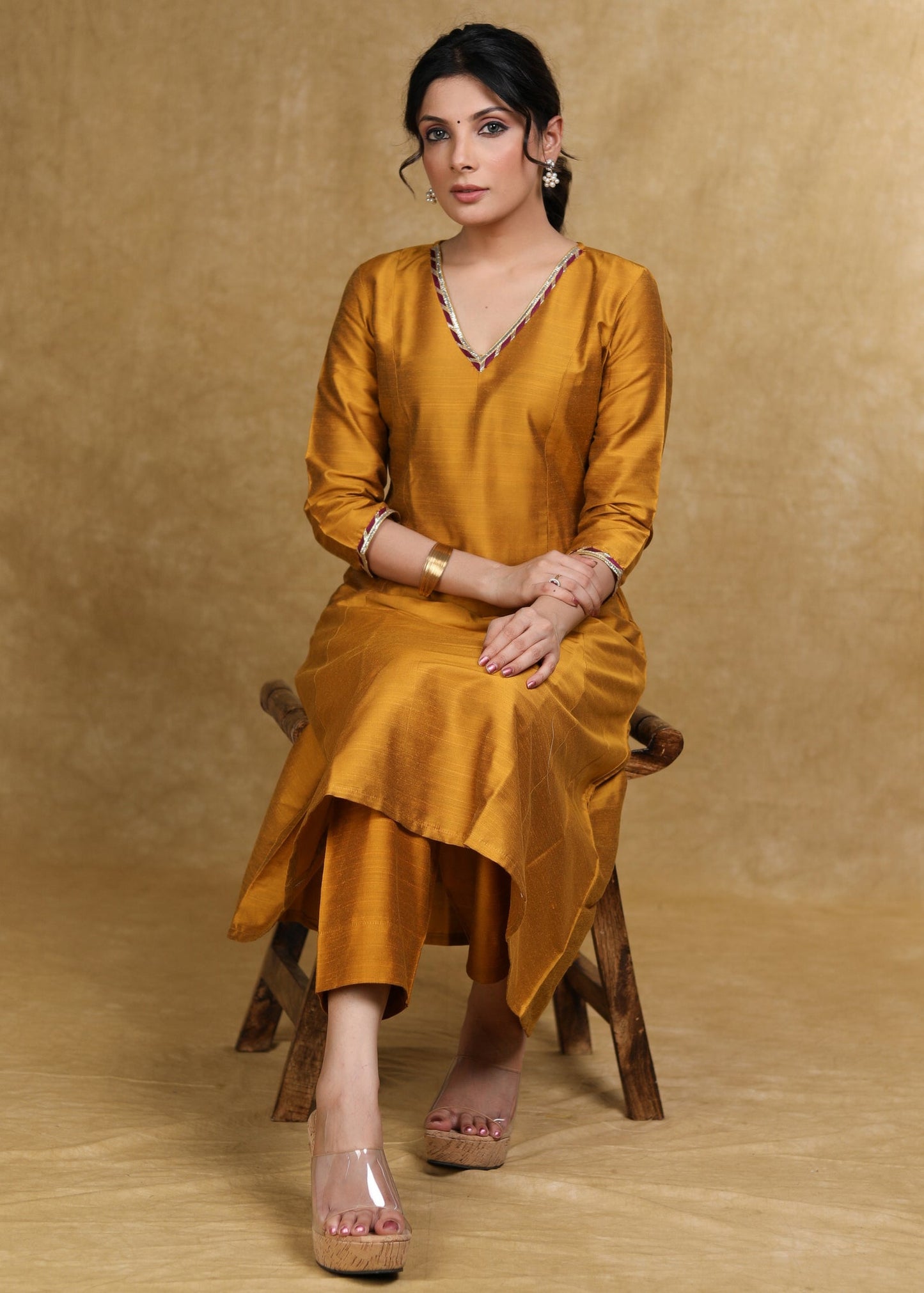 Ethnic Mustard Cotton Silk A-Line Kurti Highlighted with Gotta Patti - Coord Pant Optional