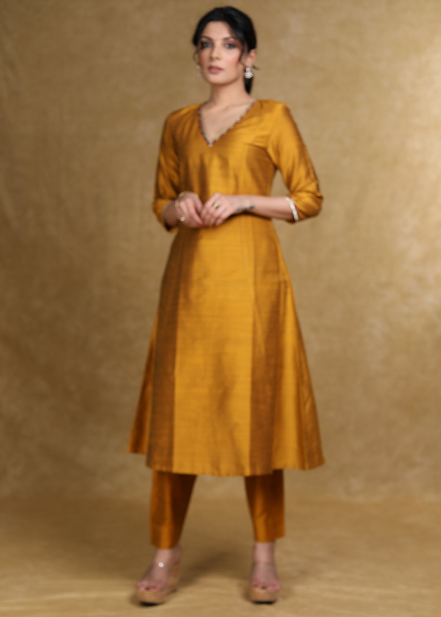 Ethnic Mustard Cotton Silk A-Line Kurti Highlighted with Gotta Patti - Coord Pant Optional