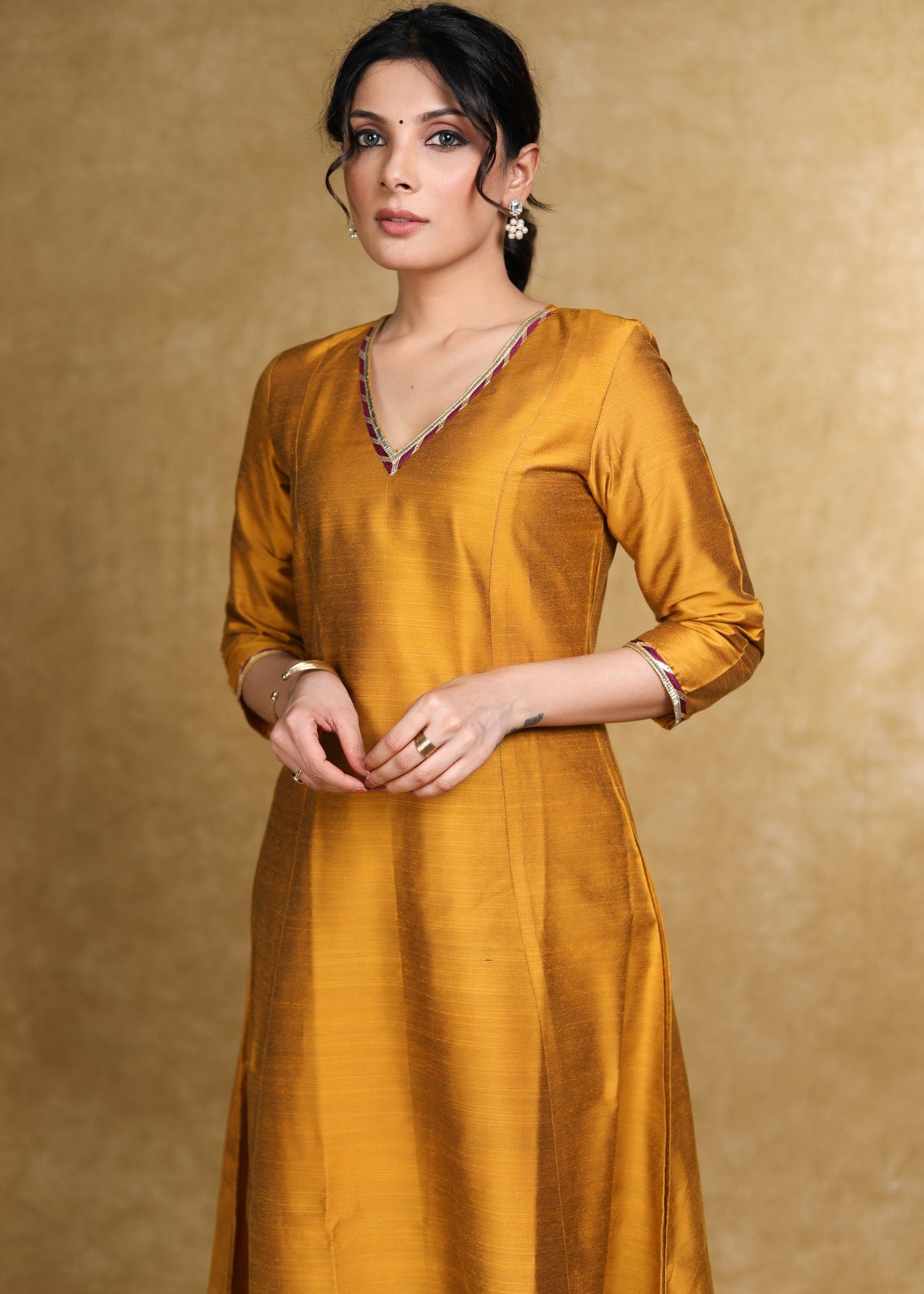 Ethnic Mustard Cotton Silk A-Line Kurti Highlighted with Gotta Patti - Coord Pant Optional