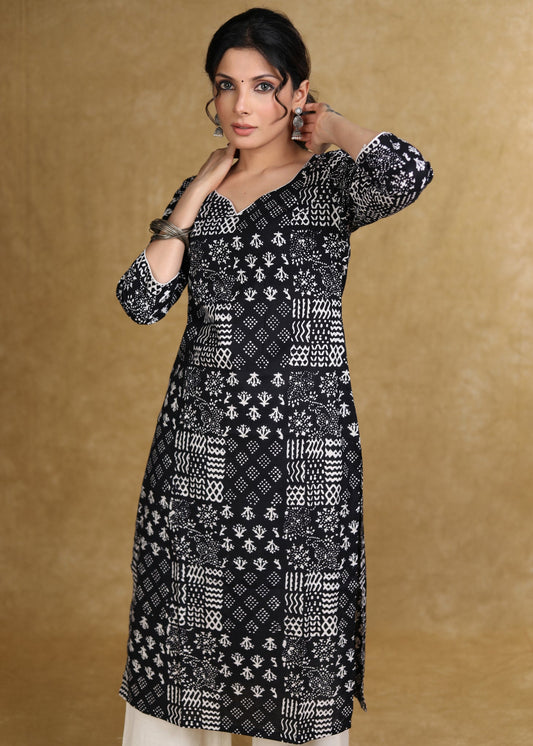 Easy To Wear Cotton Black Patch Work Printed Kurta