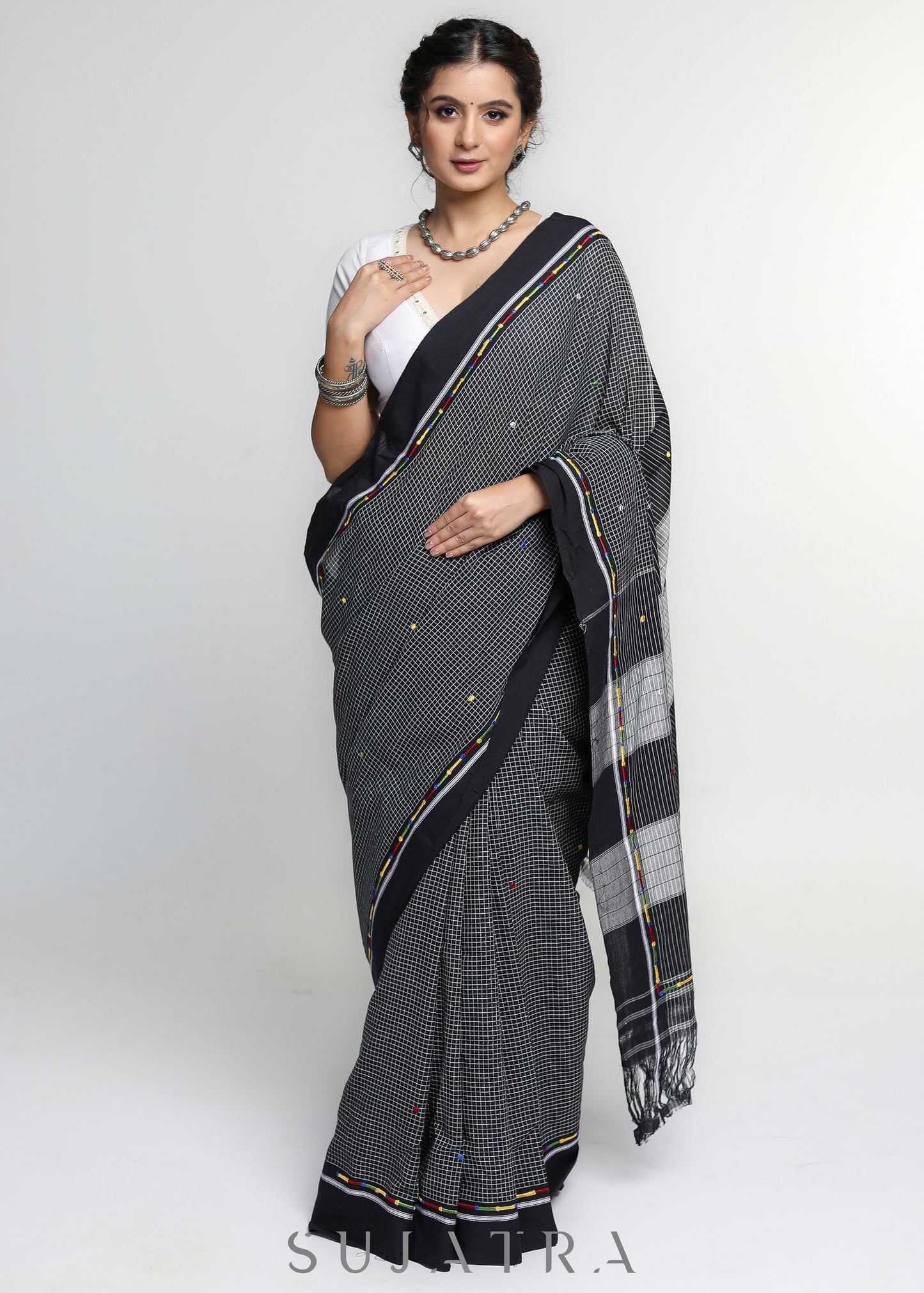 Smart Woven Black Cotton Checks Saree with Colorful Embroidery on the border