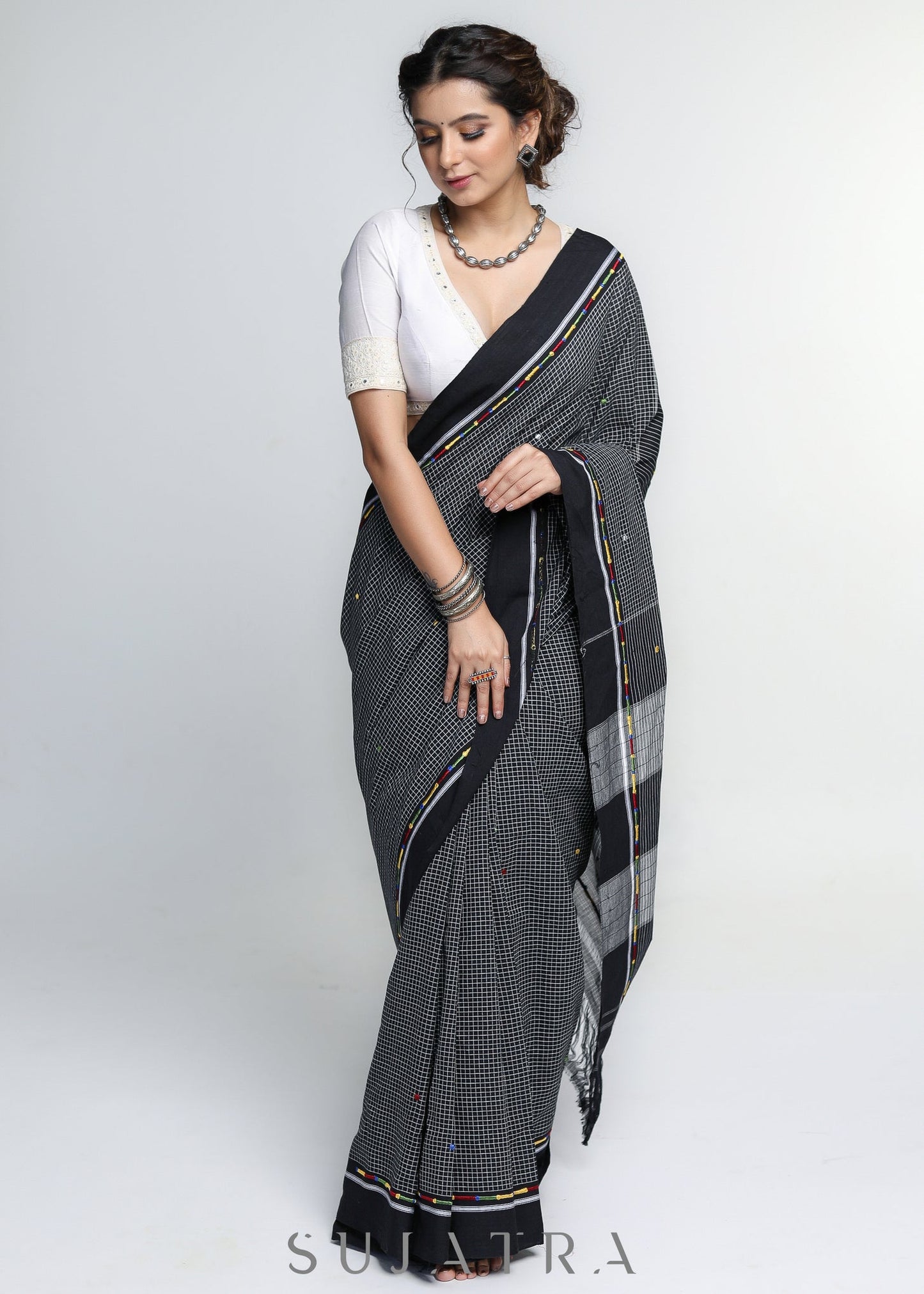 Smart Woven Black Cotton Checks Saree with Colorful Embroidery on the border