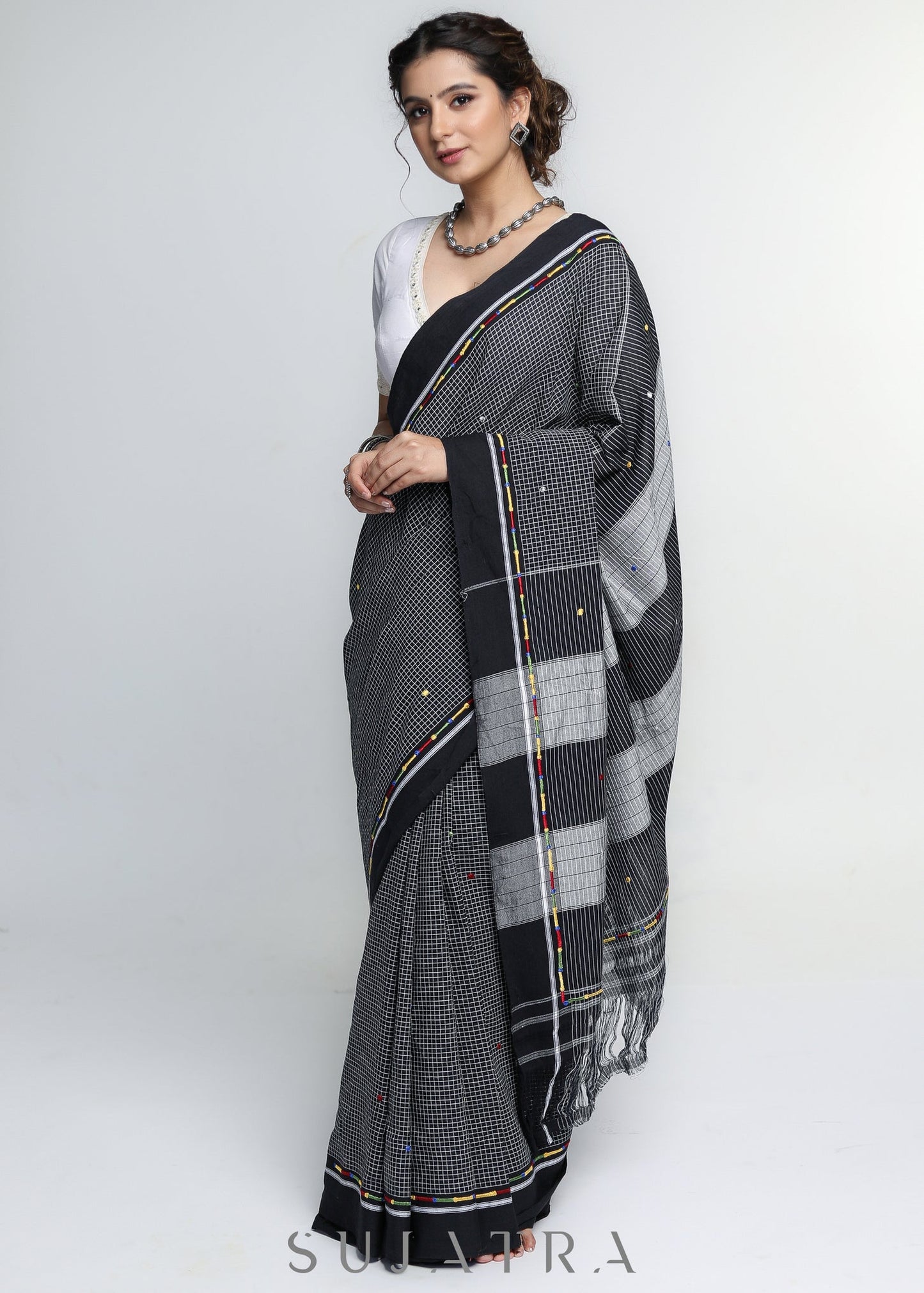 Smart Woven Black Cotton Checks Saree with Colorful Embroidery on the border