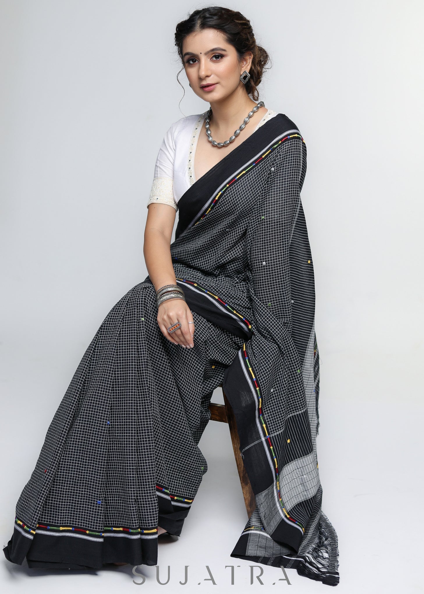 Smart Woven Black Cotton Checks Saree with Colorful Embroidery on the border