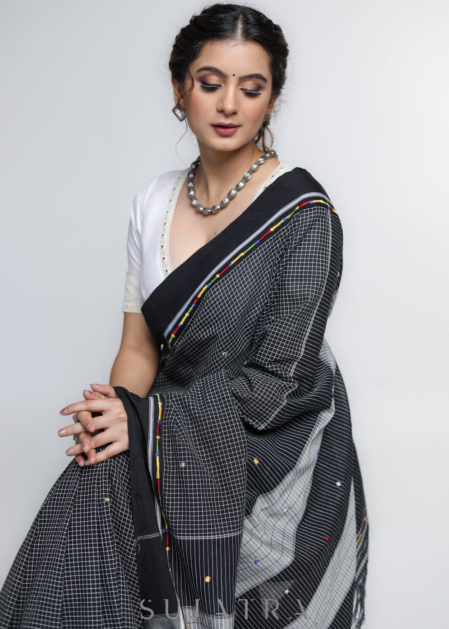 Smart Woven Black Cotton Checks Saree with Colorful Embroidery on the border