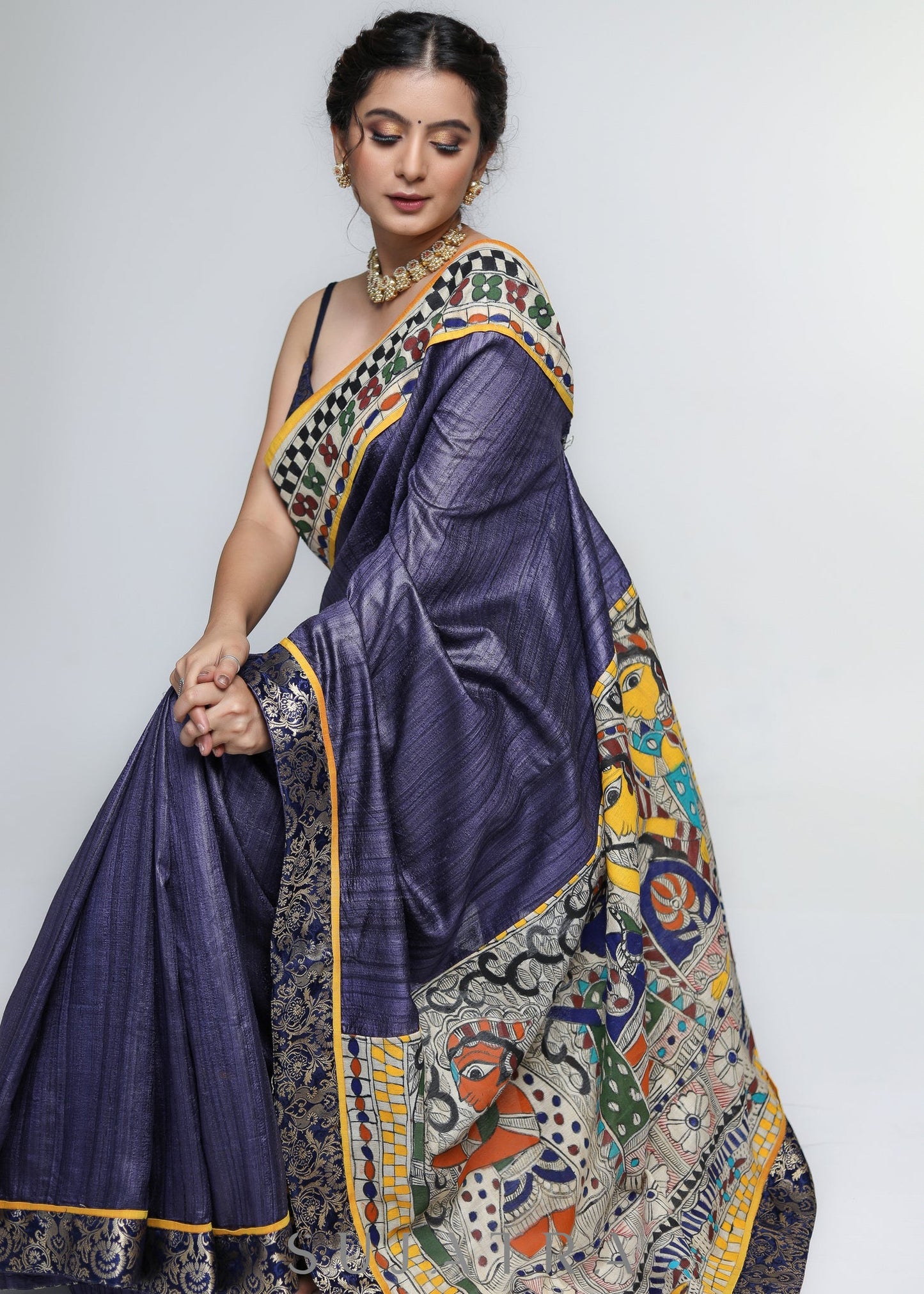 Designer Pure Ghicha Silk Saree with Kalamakari Palu & Banarasi Border