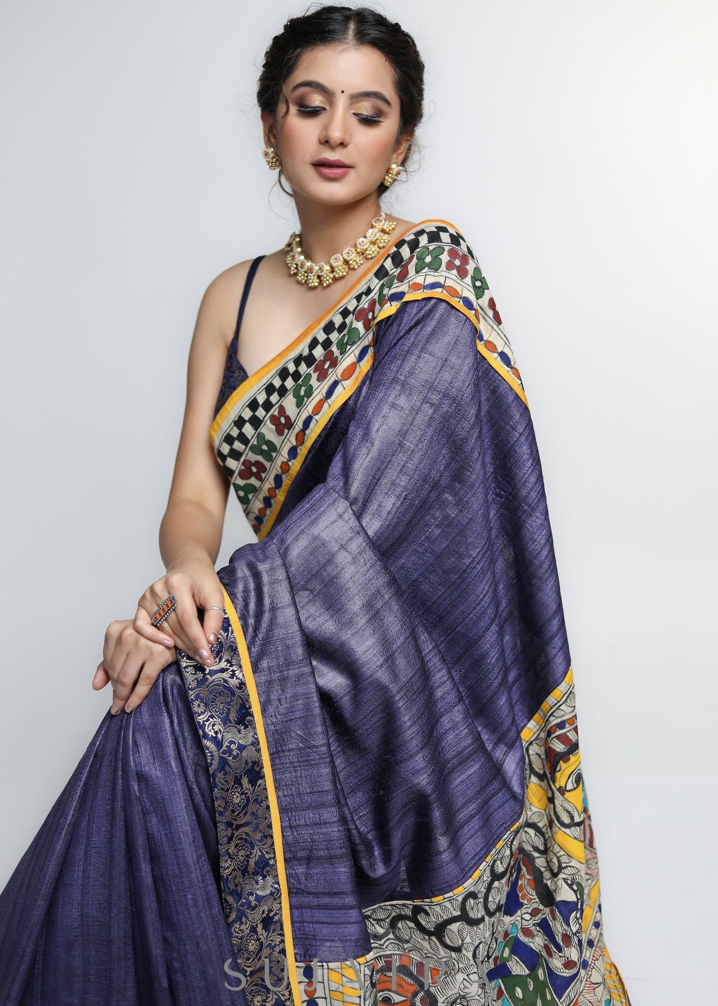 Designer Pure Ghicha Silk Saree with Kalamakari Palu & Banarasi Border