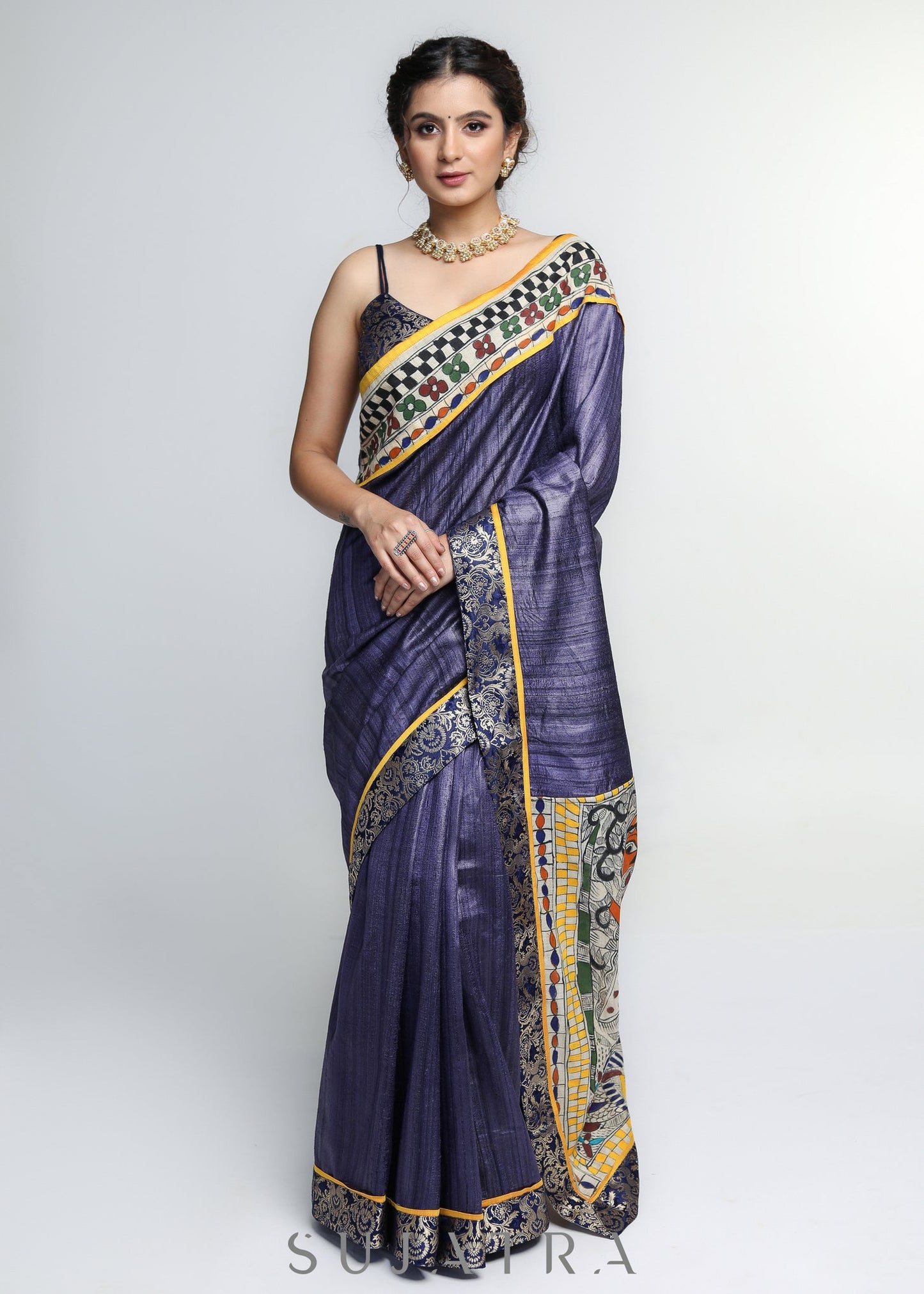 Designer Pure Ghicha Silk Saree with Kalamakari Palu & Banarasi Border