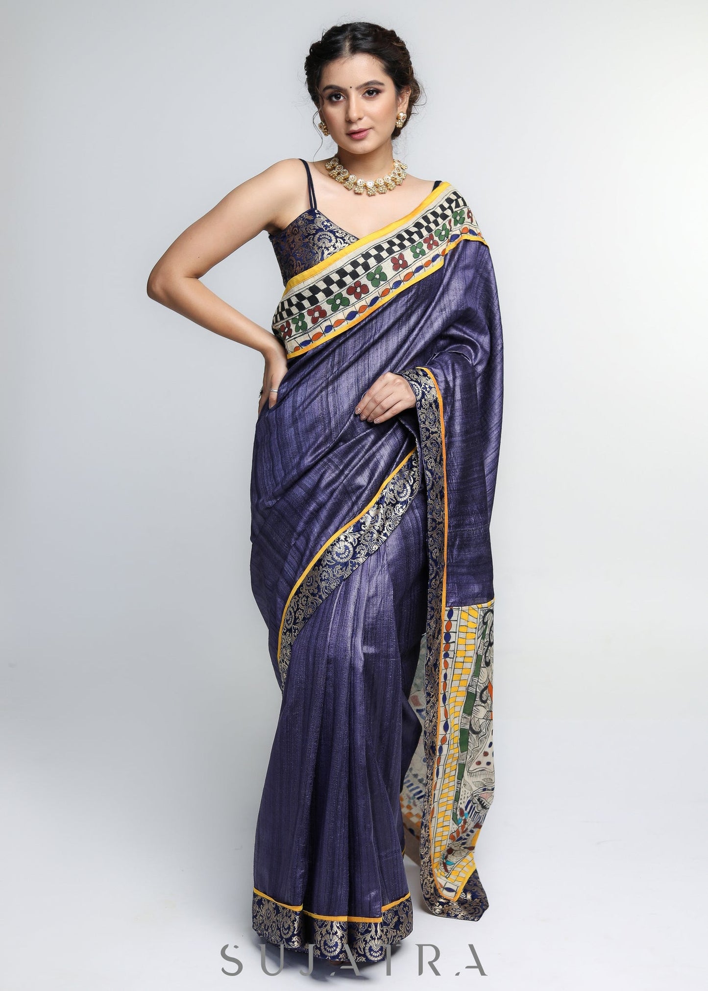 Designer Pure Ghicha Silk Saree with Kalamakari Palu & Banarasi Border