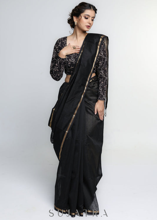 Beautiful Black Pure Maheshwari Saree with Zari Border