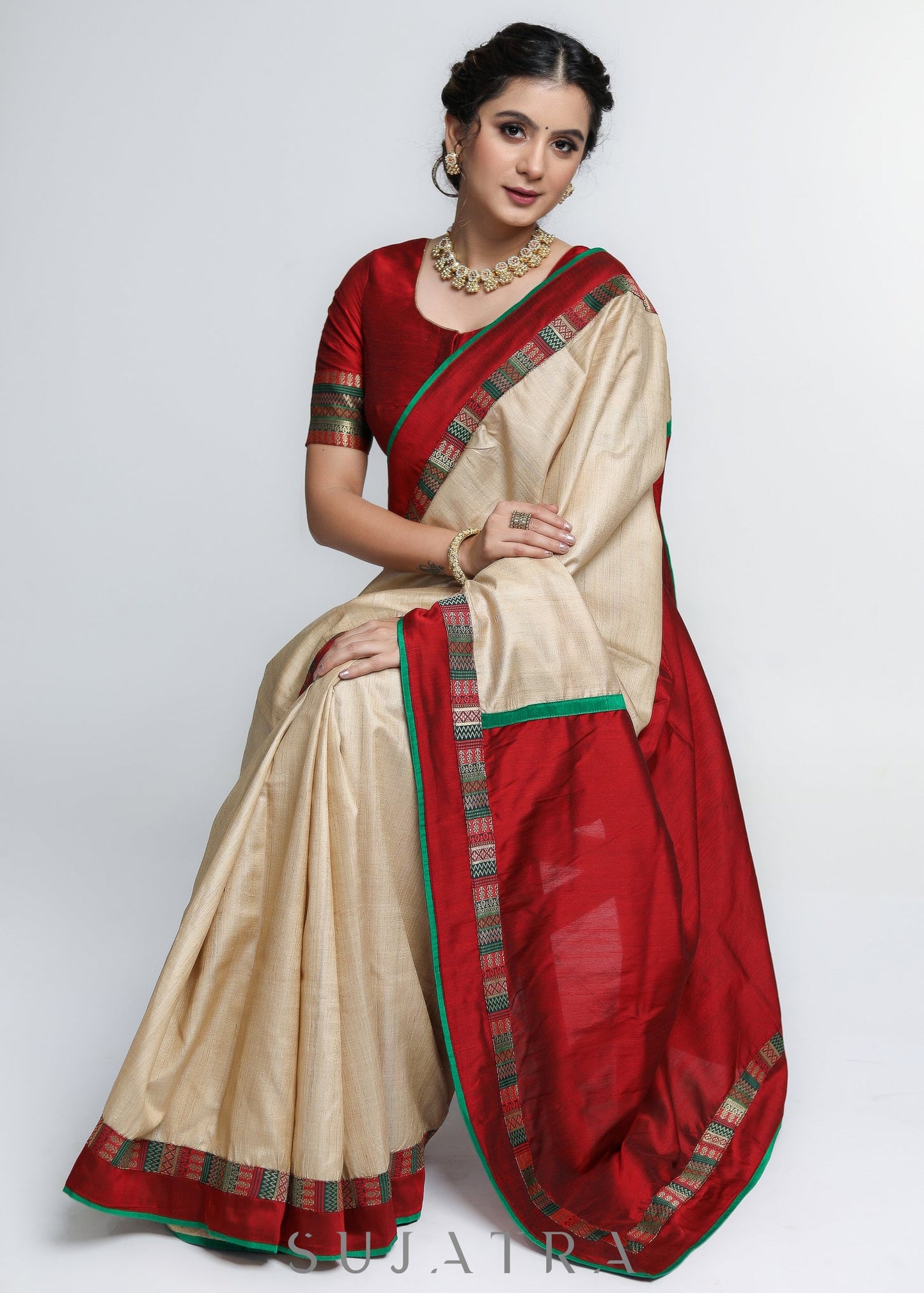 Elegant Pure Tussar Silk Saree with Banarasi border and Maroon Pallu