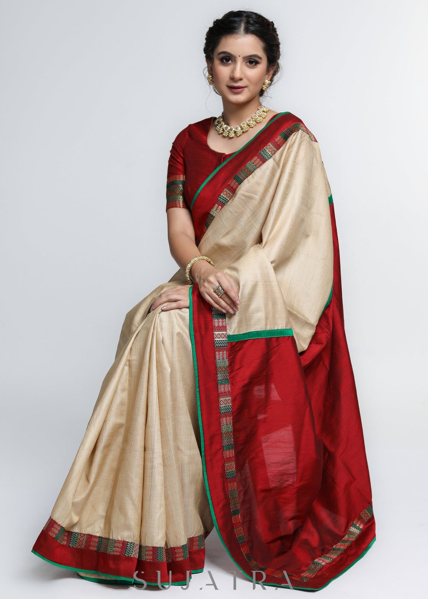 Elegant Pure Tussar Silk Saree with Banarasi border and Maroon Pallu