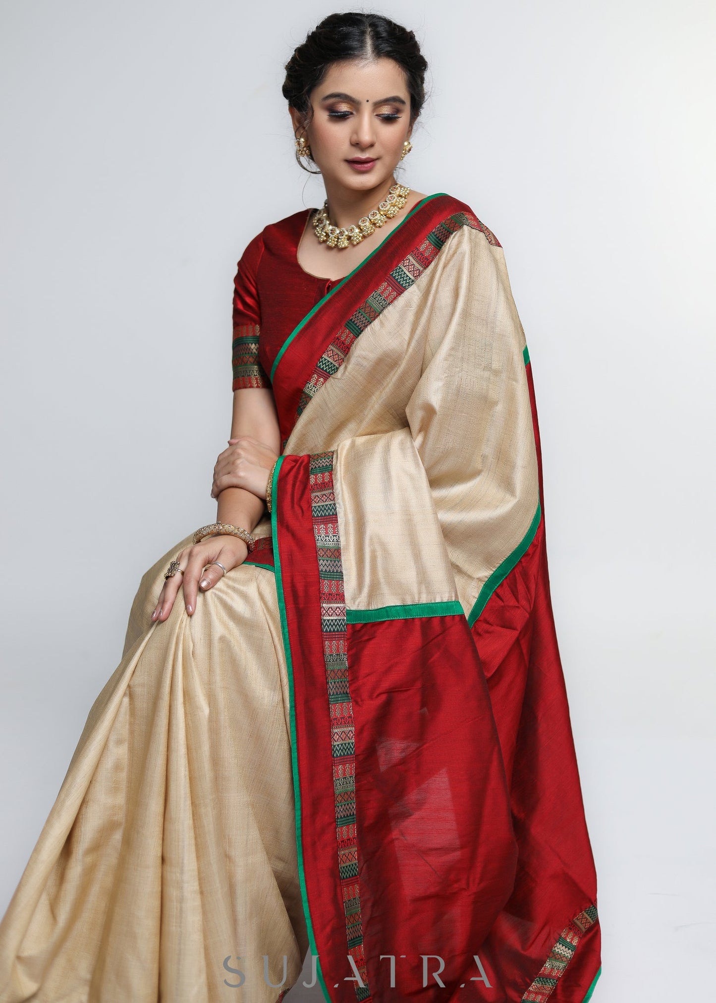 Elegant Pure Tussar Silk Saree with Banarasi border and Maroon Pallu