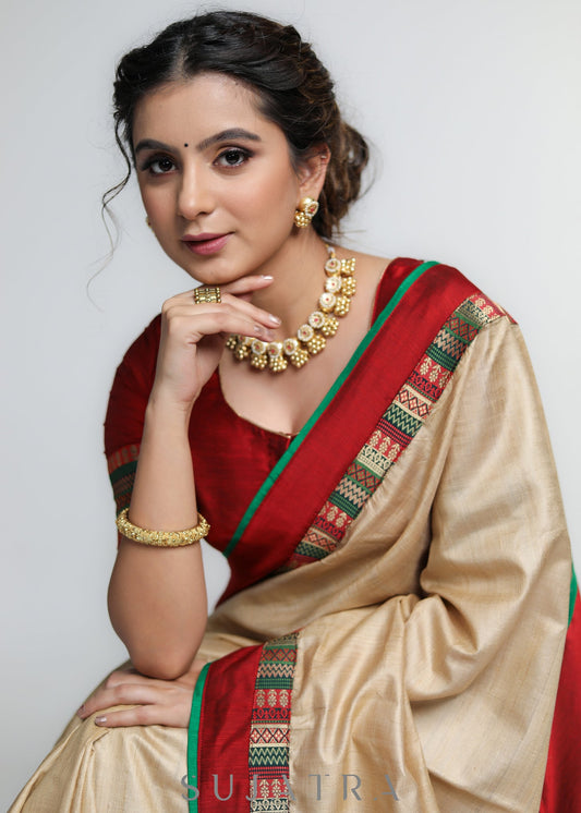 Elegant Pure Tussar Silk Saree with Banarasi border and Maroon Pallu