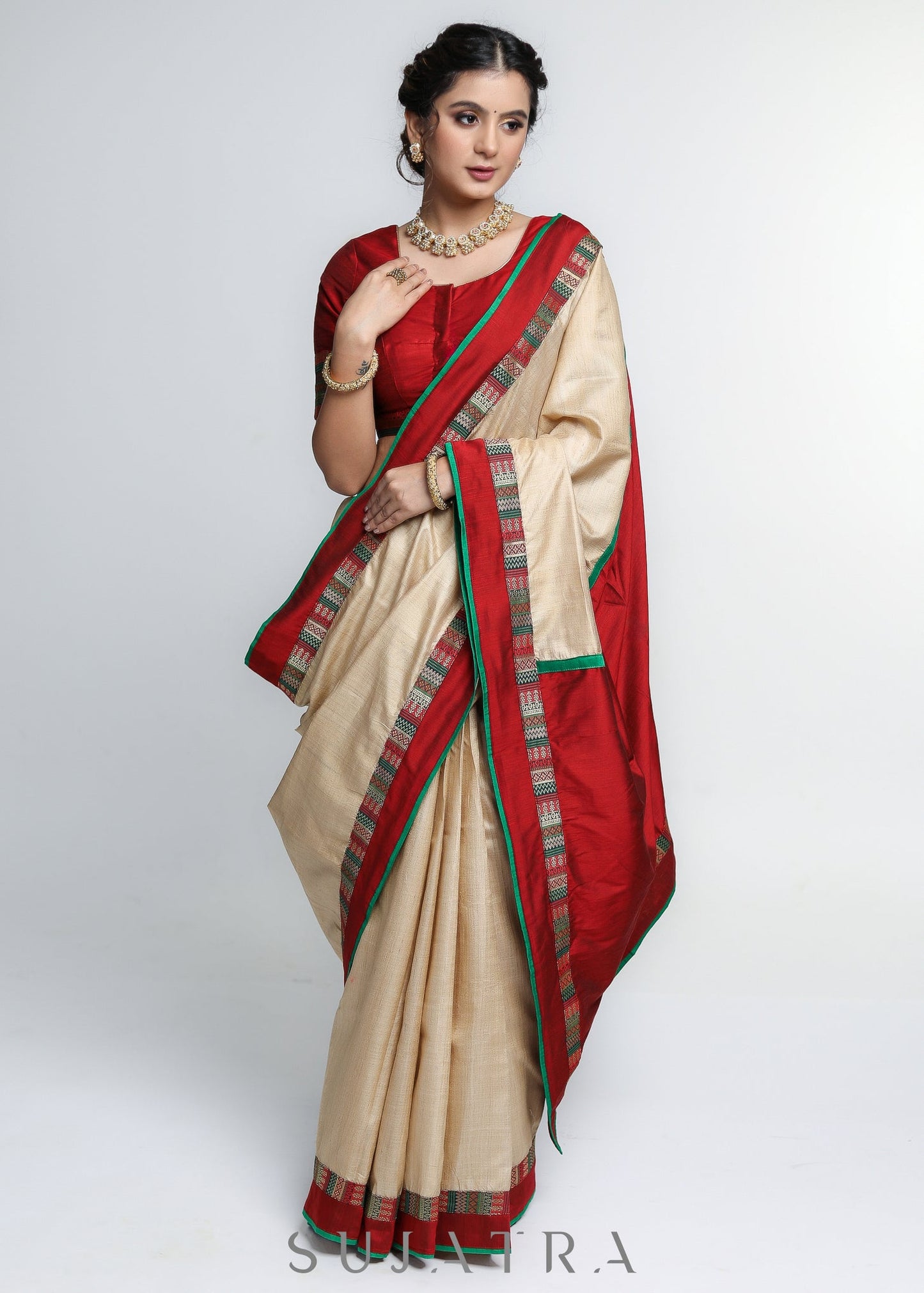 Elegant Pure Tussar Silk Saree with Banarasi border and Maroon Pallu