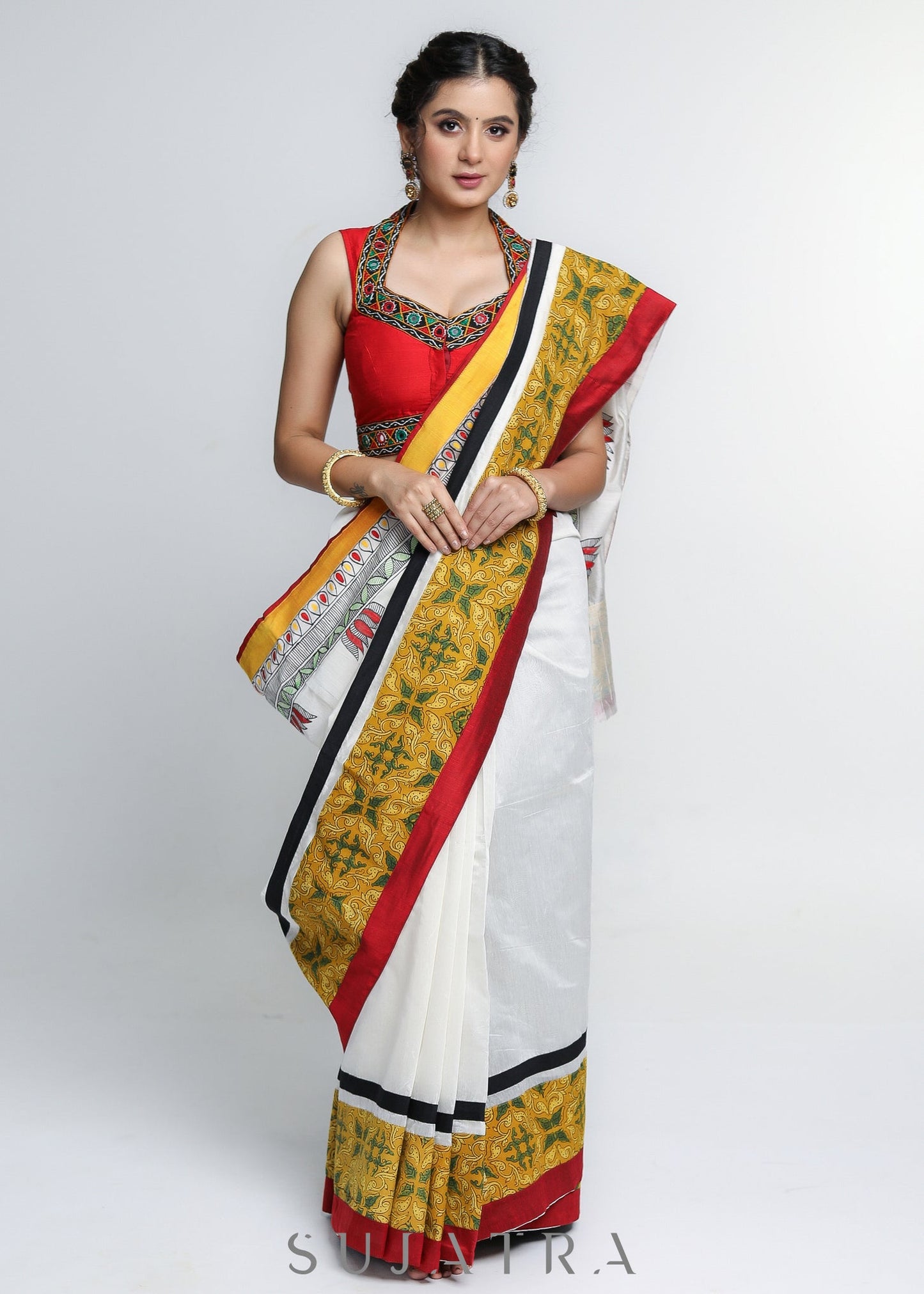 Stylish White Chanderi Saree with Mustard Ajrakh Border & Gond Painting Detailing