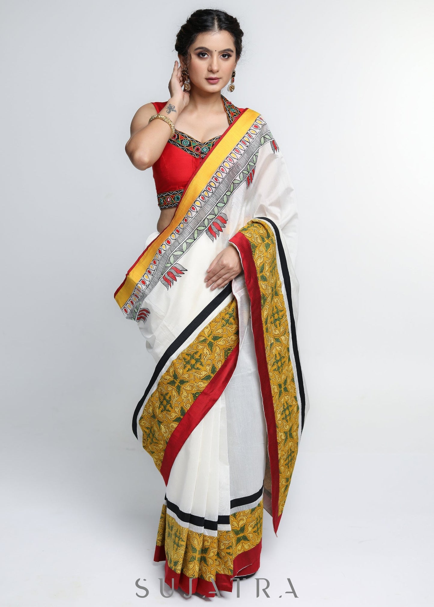 Stylish White Chanderi Saree with Mustard Ajrakh Border & Gond Painting Detailing