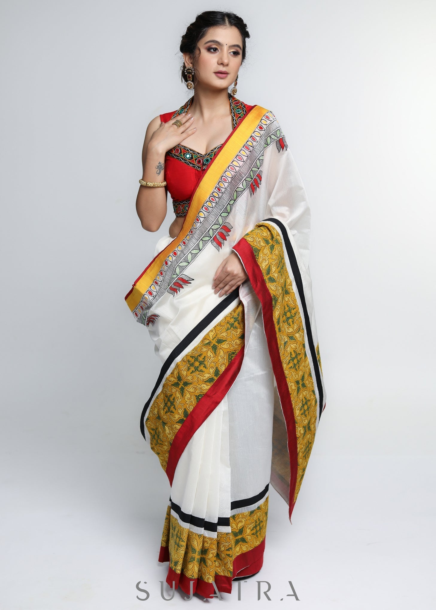 Stylish White Chanderi Saree with Mustard Ajrakh Border & Gond Painting Detailing