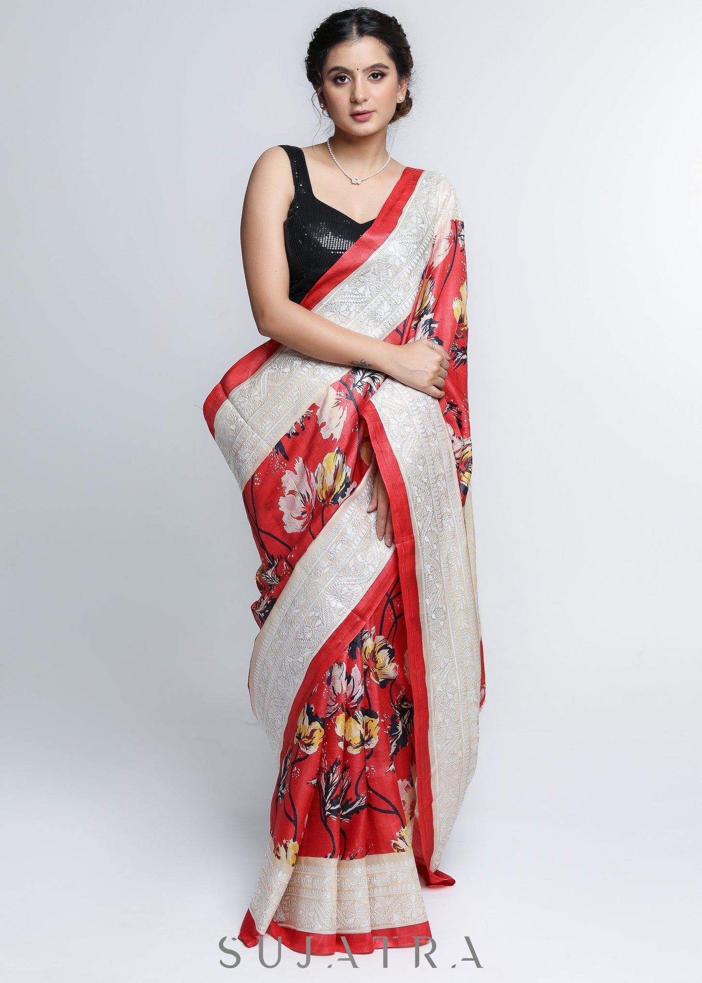 Stylish Red Pure Tussar Silk printed Saree with Lucknowi Work on border & Pallu